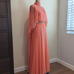 Vintage 1970s Coral Chiffon Evening Gown